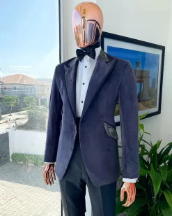An anchor grey velvet, peak lapel with black silk taping tuxedo suit