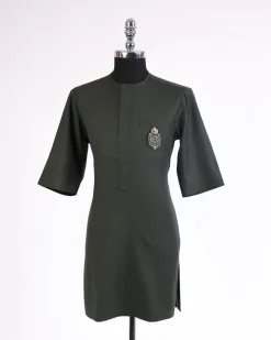 An army green, 3/4 sleeve kaftan, front flap with metal wire embroidery patch detailing african traditional senator kaftan native.