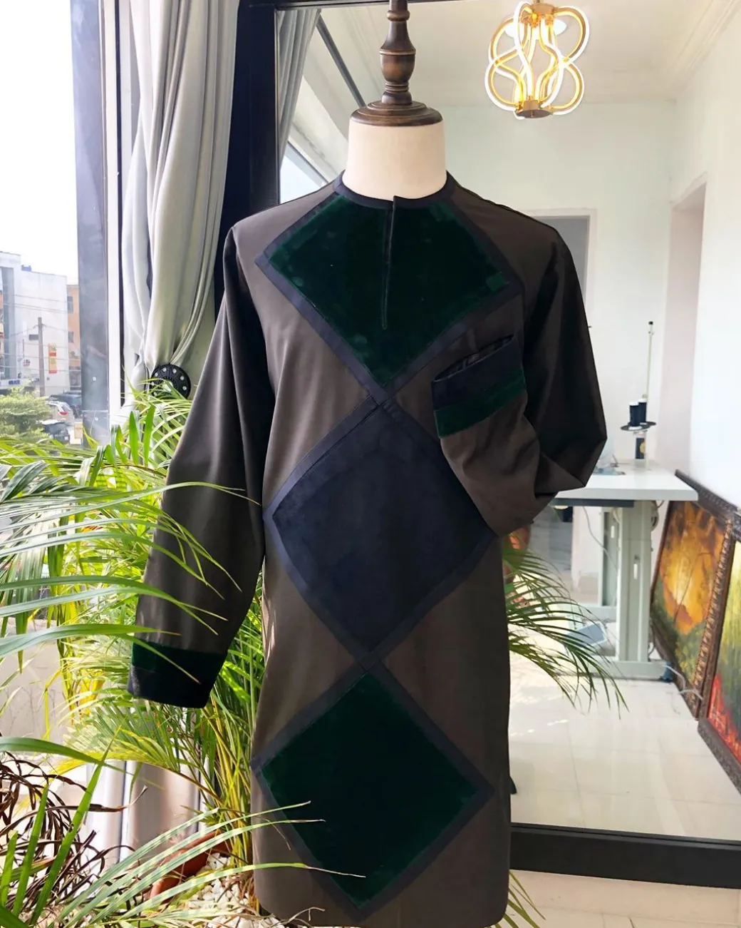 An Army Green Diamond Velvet mixed colour African kaftan Natives