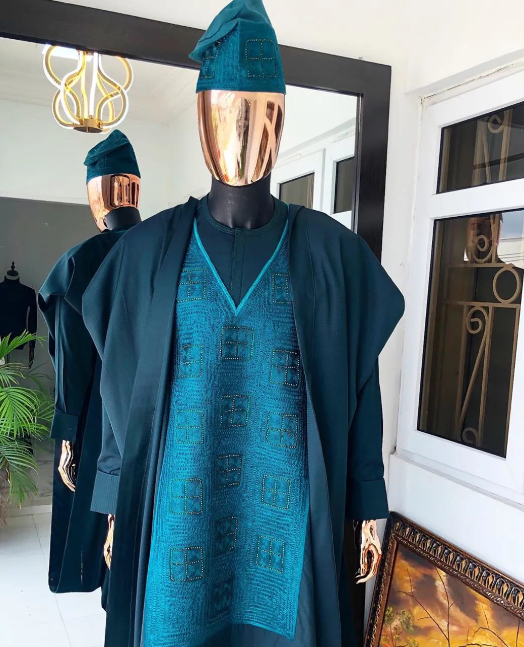 An Army Green, monochrome square studded Swarovski stone embroidery agbada