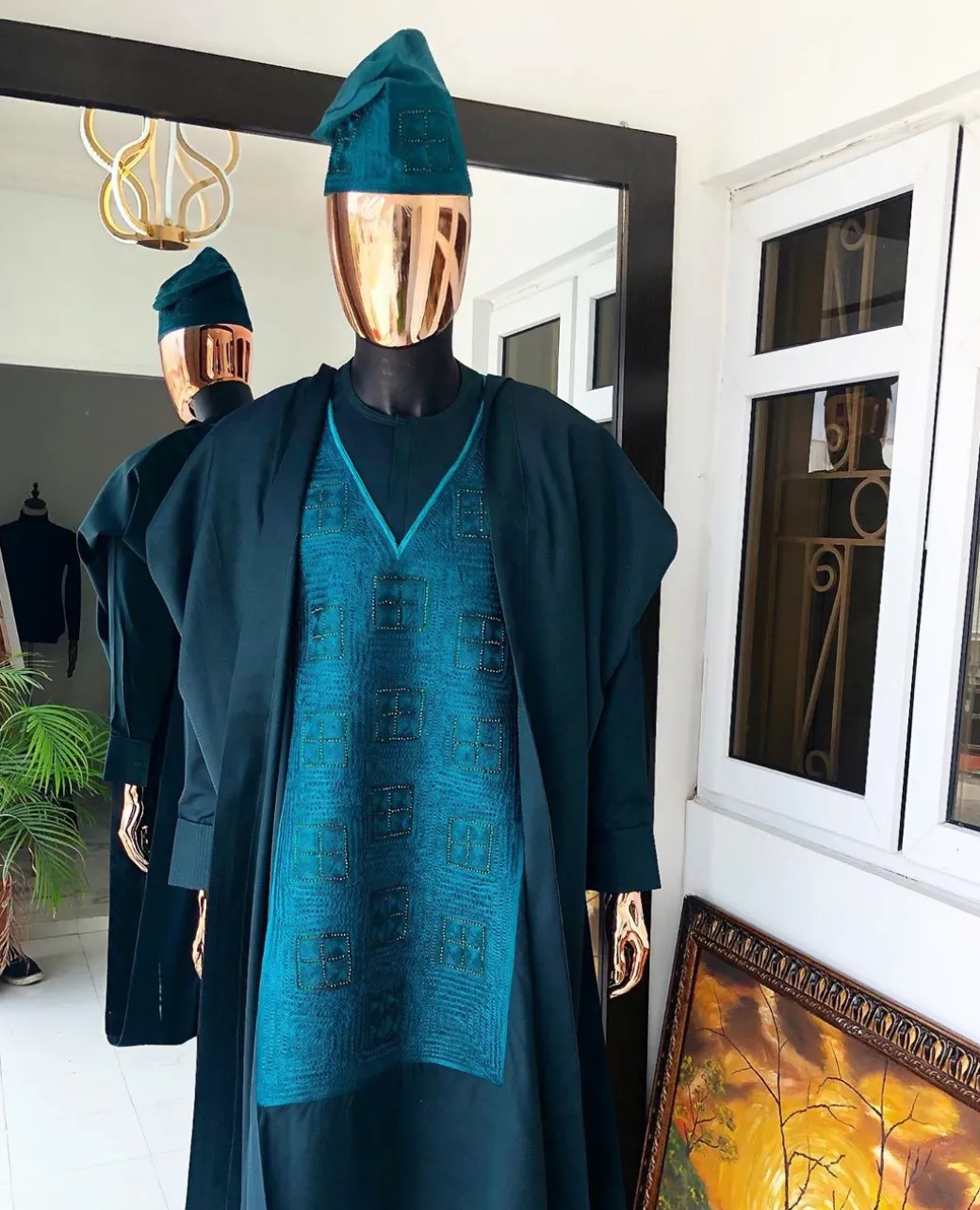 An Army Green, monochrome square studded Swarovski stone embroidery agbada