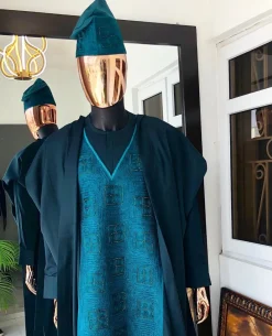 An Army Green, monochrome square studded Swarovski stone embroidery agbada