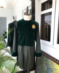 An Army Green, Wire bullion badge & velvet detailing African senator kaftan