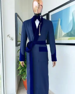 An “Asgad” Soaked Italian velvet shawl lapel, navy blue, hand woven treading, cube patterned pajamas tuxedo suit
