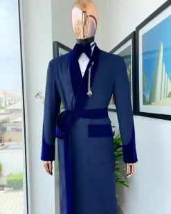 An “Asgad” Soaked Italian velvet shawl lapel, navy blue, hand woven treading, cube patterned pajamas tuxedo suit