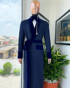 An “Asgad” Soaked Italian velvet shawl lapel, navy blue, hand woven treading, cube patterned pajamas tuxedo suit