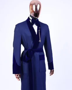 An “Asgad” Soaked Italian velvet shawl lapel, navy blue, hand woven treading, cube patterned pajamas tuxedo suit