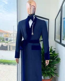 An “Asgad” Soaked Italian velvet shawl lapel, navy blue, hand woven treading, cube patterned pajamas tuxedo suit