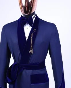 An “Asgad” Soaked Italian velvet shawl lapel, navy blue, hand woven treading, cube patterned pajamas tuxedo suit