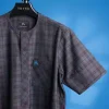 An ash and burgundy jorgecarli check, front flap, short sleeve African senator kaftan native.