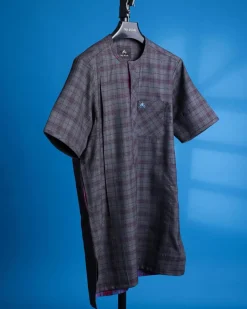 An ash and burgundy jorgecarli check, front flap, short sleeve African senator kaftan native.