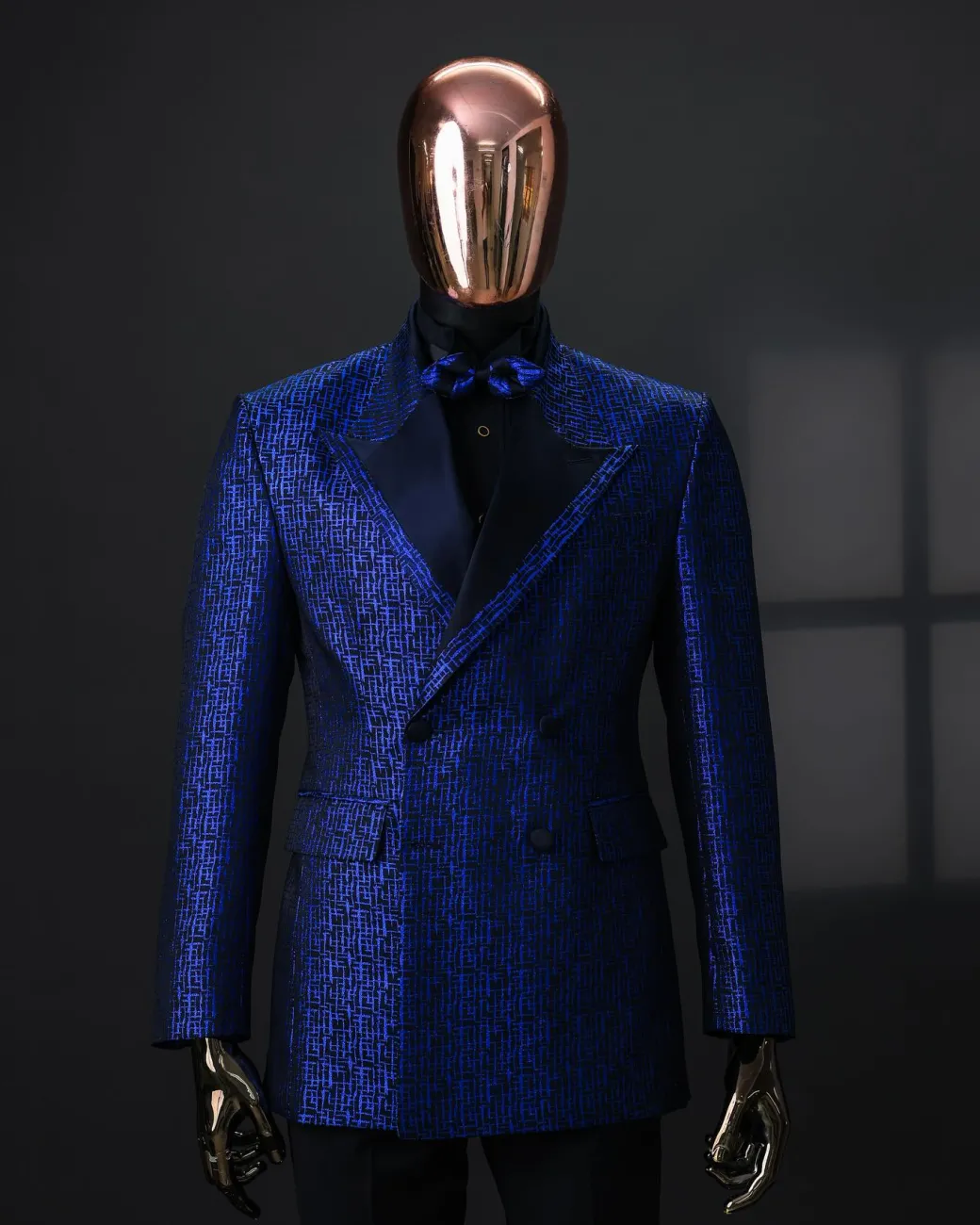 An Azure Blue And Black, Peak Lapel, Double-Breasted Jacquard Jacket.