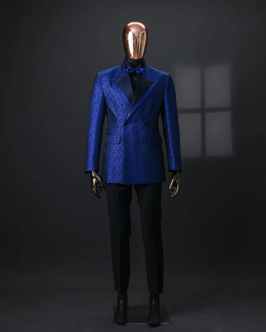 An Azure Blue And Black, Peak Lapel, Double-Breasted Jacquard Jacket.