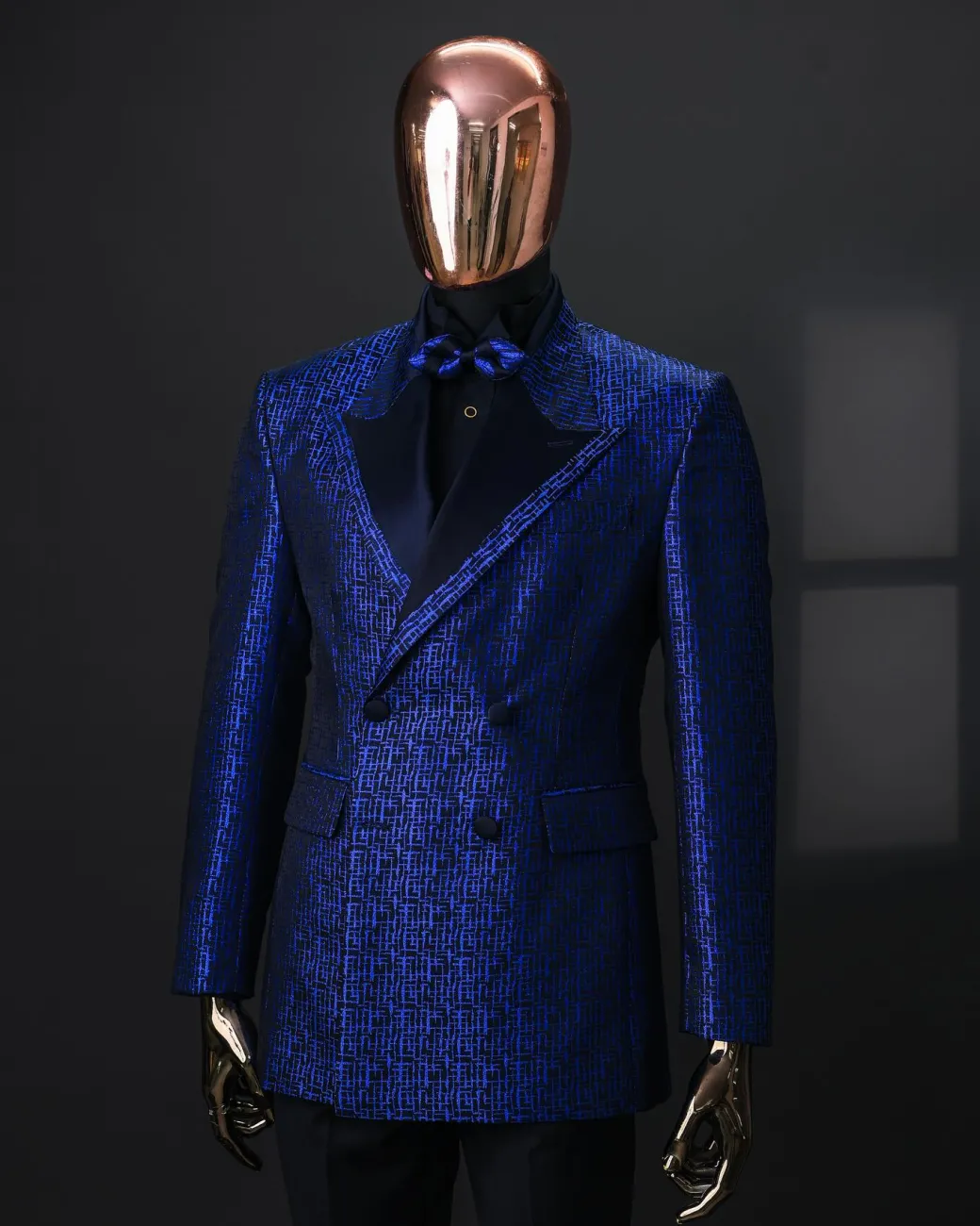 An Azure Blue And Black, Peak Lapel, Double-Breasted Jacquard Jacket.