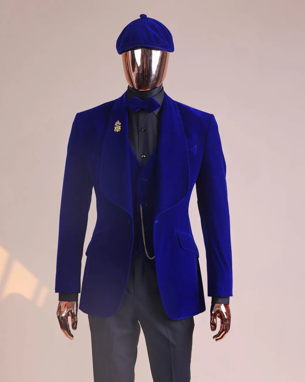 An Azure Blue, Soaked Velvet Fabric, Knitted, Shawl Lapel Tuxedo Suit