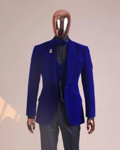 An Azure Blue, Soaked Velvet Fabric, Knitted, Shawl Lapel Tuxedo Suit