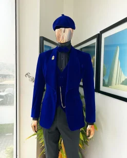An Azure Blue, Soaked Velvet Fabric, Knitted, Shawl Lapel Tuxedo Suit