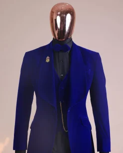 An Azure Blue, Soaked Velvet Fabric, Knitted, Shawl Lapel Tuxedo Suit