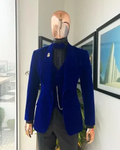 An Azure Blue, Soaked Velvet Fabric, Knitted, Shawl Lapel Tuxedo Suit