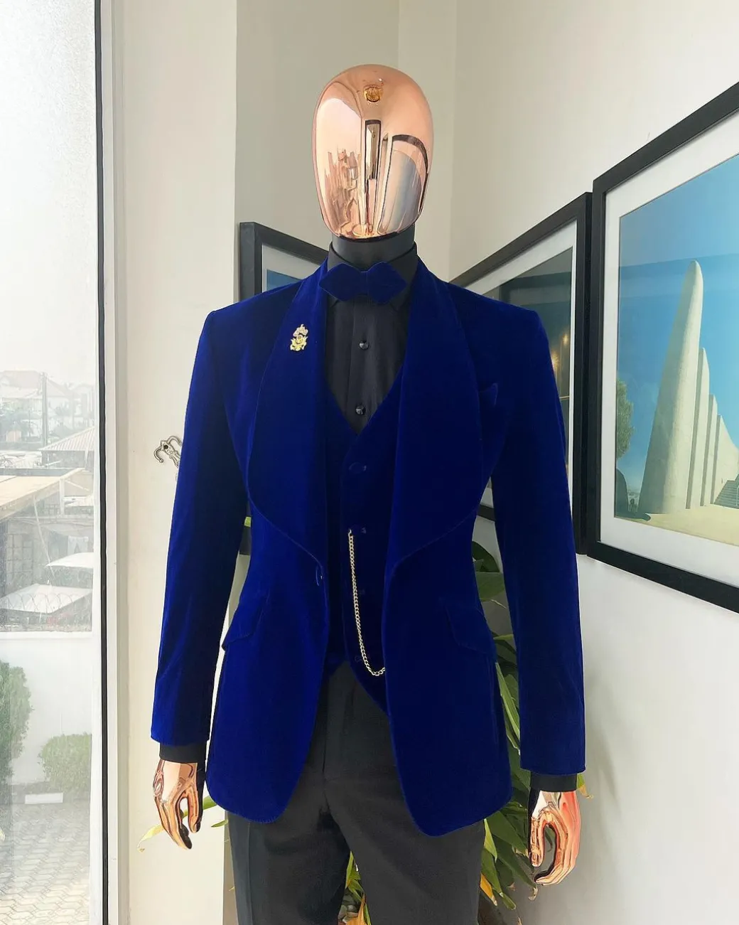 An Azure Blue, Soaked Velvet Fabric, Knitted, Shawl Lapel Tuxedo Suit