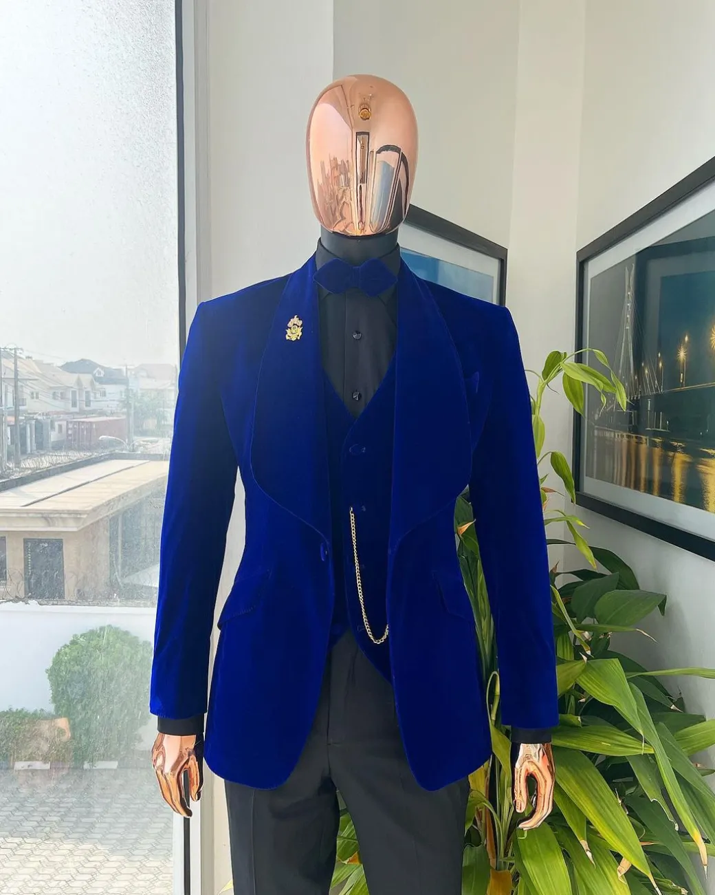 An Azure Blue, Soaked Velvet Fabric, Knitted, Shawl Lapel Tuxedo Suit