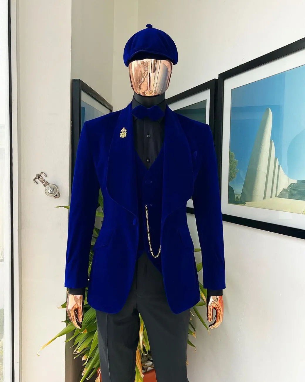An Azure Blue, Soaked Velvet Fabric, Knitted, Shawl Lapel Tuxedo Suit