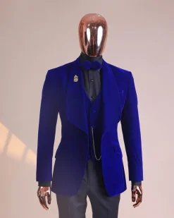 An Azure Blue, Soaked Velvet Fabric, Knitted, Shawl Lapel Tuxedo Suit