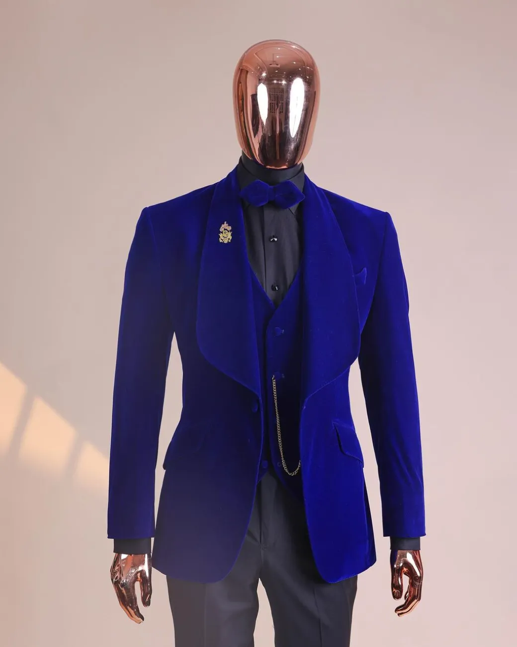 An Azure Blue, Soaked Velvet Fabric, Knitted, Shawl Lapel Tuxedo Suit