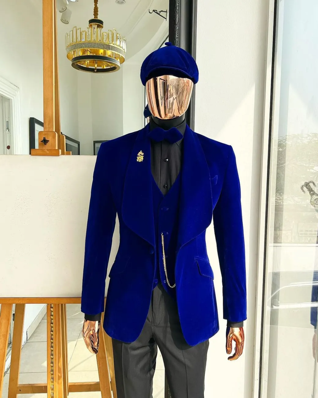 An Azure Blue, Soaked Velvet Fabric, Knitted, Shawl Lapel Tuxedo Suit