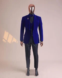 An Azure Blue, Soaked Velvet Fabric, Knitted, Shawl Lapel Tuxedo Suit