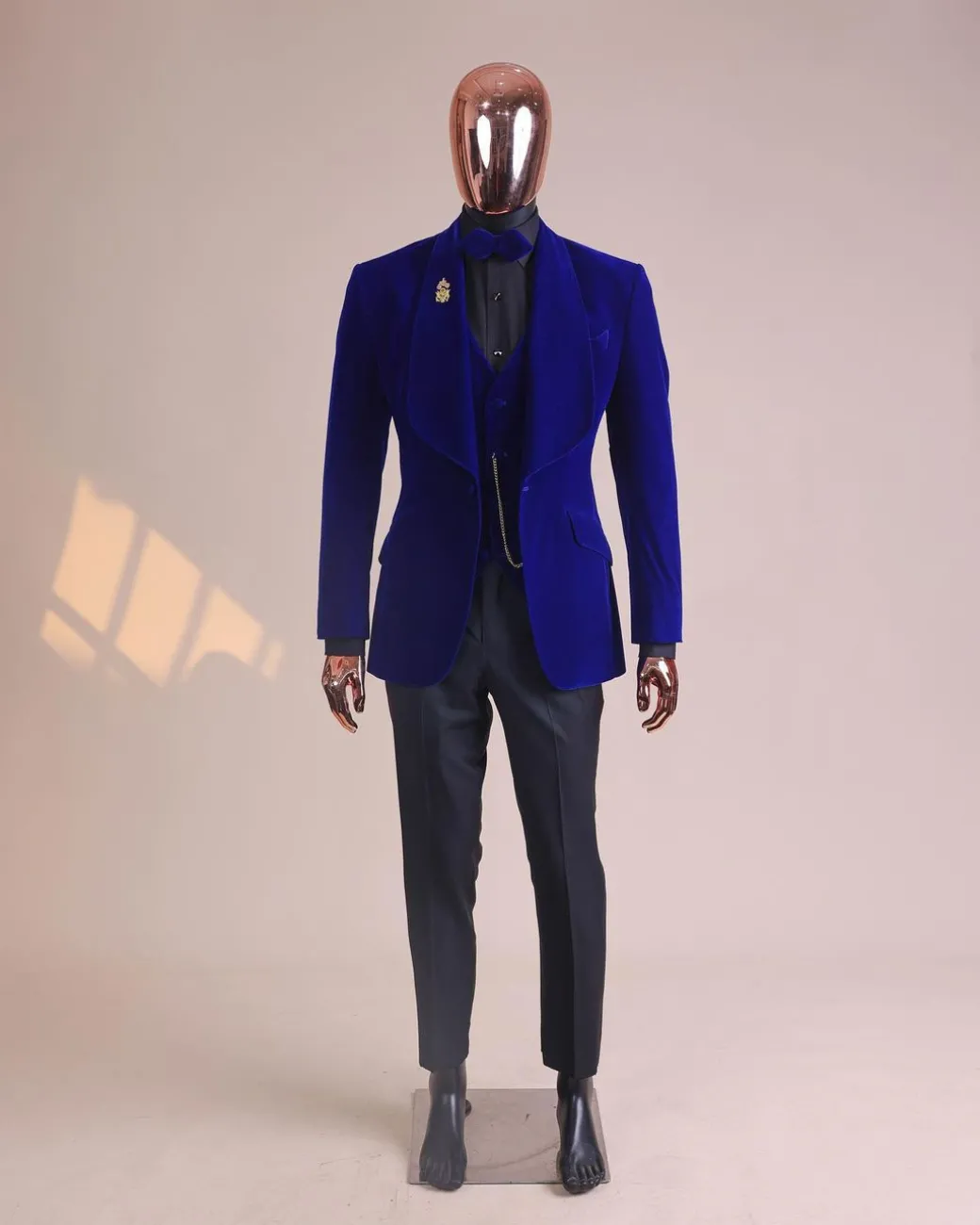 An Azure Blue, Soaked Velvet Fabric, Knitted, Shawl Lapel Tuxedo Suit
