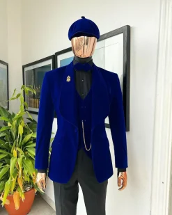 An Azure Blue, Soaked Velvet Fabric, Knitted, Shawl Lapel Tuxedo Suit