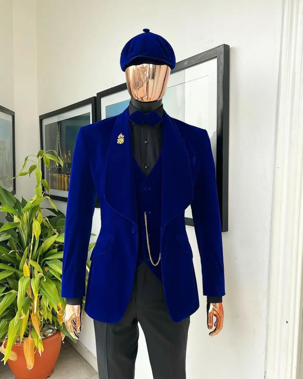 An Azure Blue, Soaked Velvet Fabric, Knitted, Shawl Lapel Tuxedo Suit