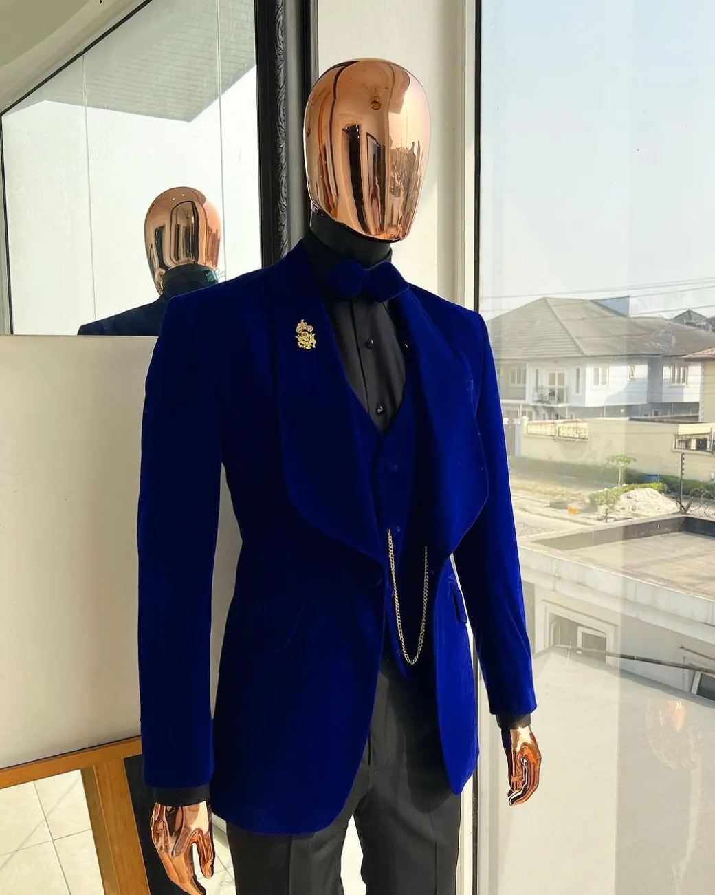 An Azure Blue, Soaked Velvet Fabric, Knitted, Shawl Lapel Tuxedo Suit