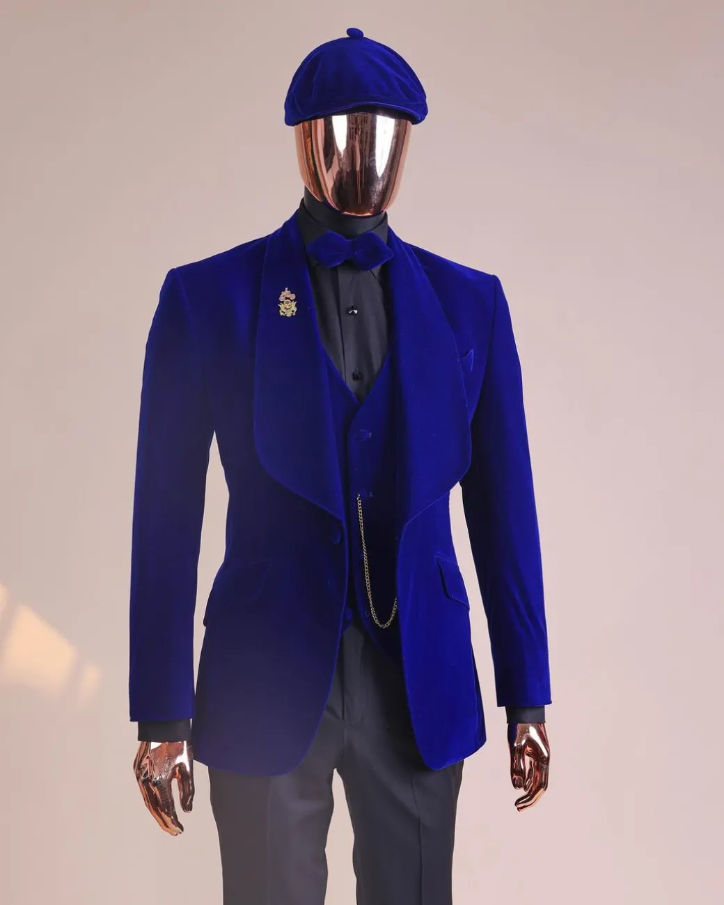 An Azure Blue, Soaked Velvet Fabric, Knitted, Shawl Lapel Tuxedo Suit