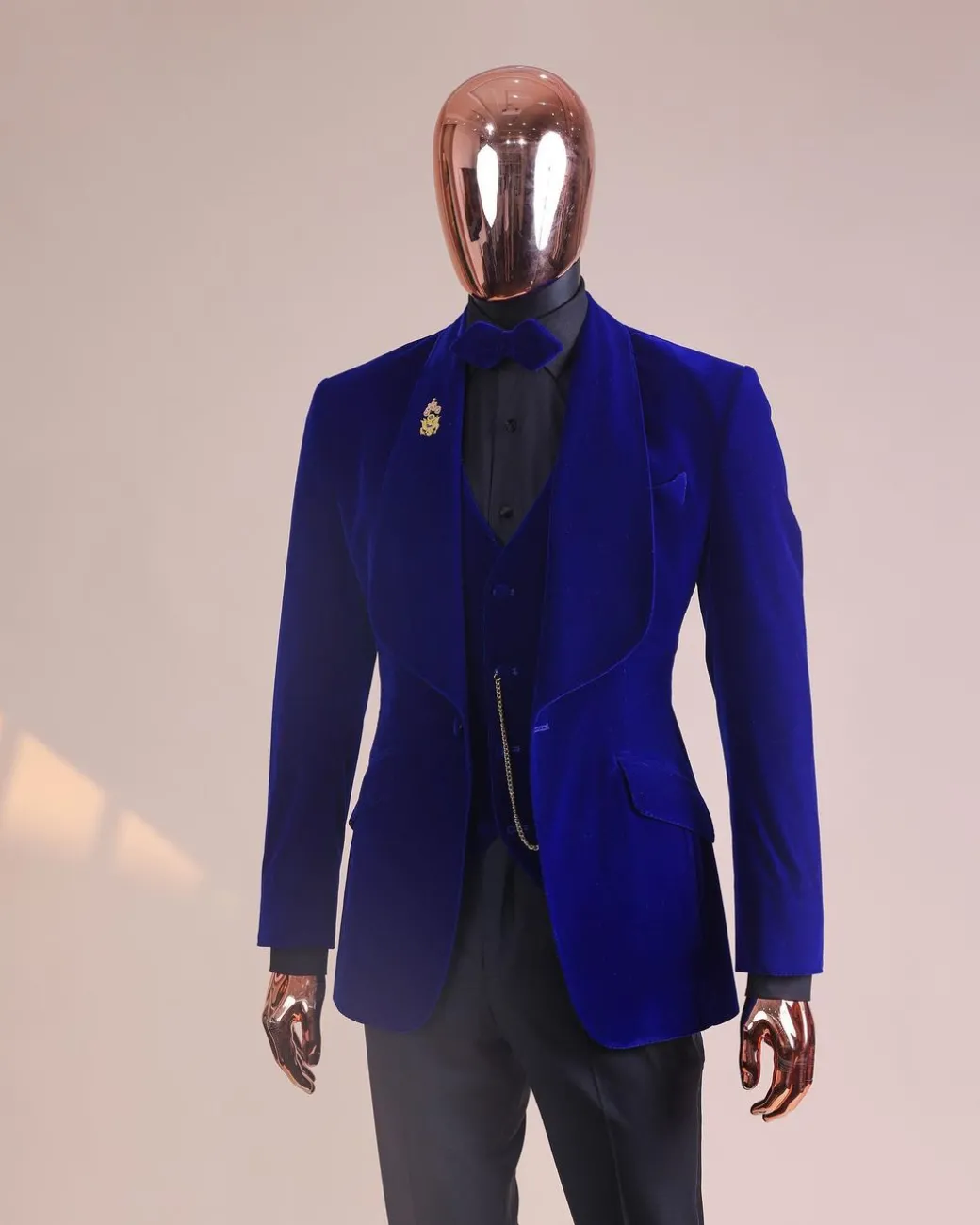 An Azure Blue, Soaked Velvet Fabric, Knitted, Shawl Lapel Tuxedo Suit