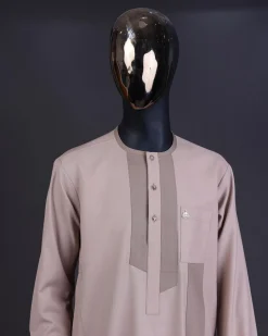 An ecru brown, front flap with clear view Swarovski button details kaftan And sokoto