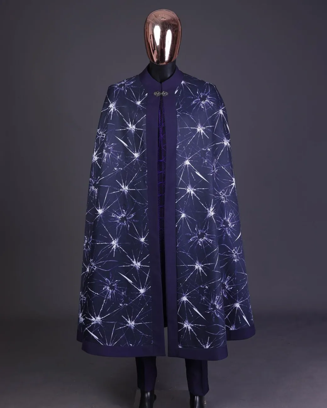 An egg plant purple, cyber stars splashed 3D print cape, long sleeve African senator safari kaftan native & sokoto