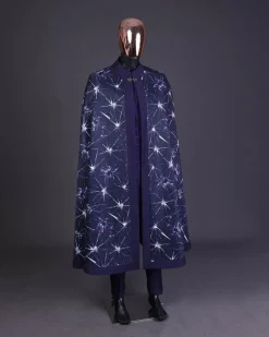 An egg plant purple, cyber stars splashed 3D print cape, long sleeve African senator safari kaftan native & sokoto