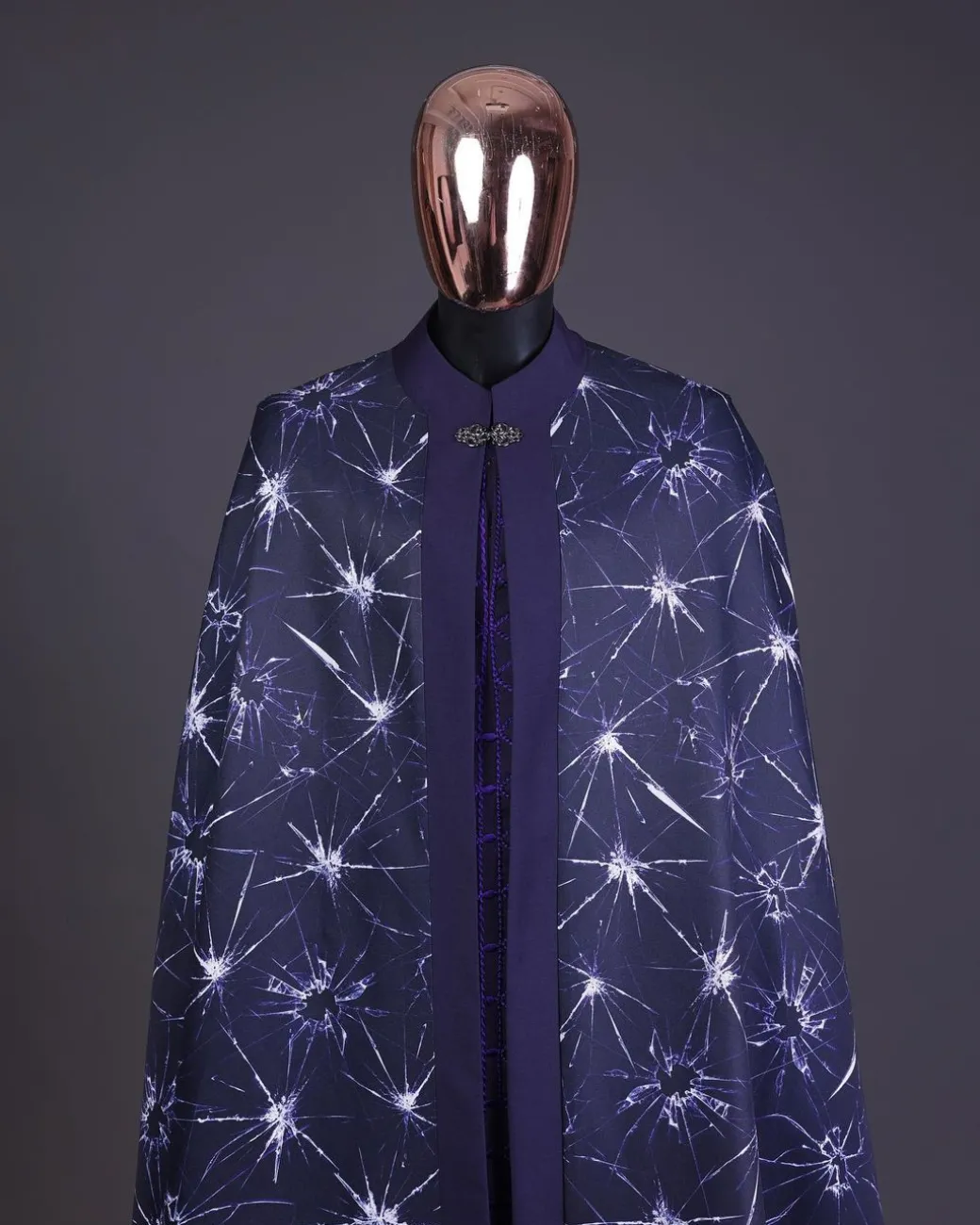 An egg plant purple, cyber stars splashed 3D print cape, long sleeve African senator safari kaftan native & sokoto