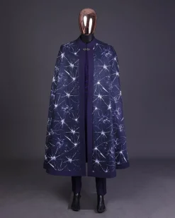 An egg plant purple, cyber stars splashed 3D print cape, long sleeve African senator safari kaftan native & sokoto