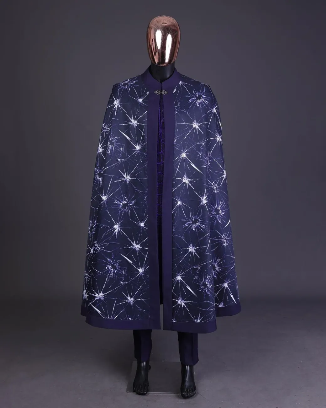 An egg plant purple, cyber stars splashed 3D print cape, long sleeve African senator safari kaftan native & sokoto