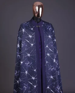 An egg plant purple, cyber stars splashed 3D print cape, long sleeve African senator safari kaftan native & sokoto