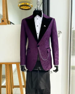 An Egg plant purple, peak lapel, floral patterned jacquard tuxedo suit