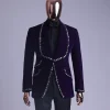 An egg plant purple velvet shawl lapel tuxedo suit, laced with jet hematite Swarovski stones