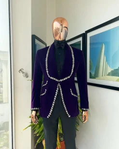 An egg plant purple velvet shawl lapel tuxedo suit, laced with jet hematite Swarovski stones