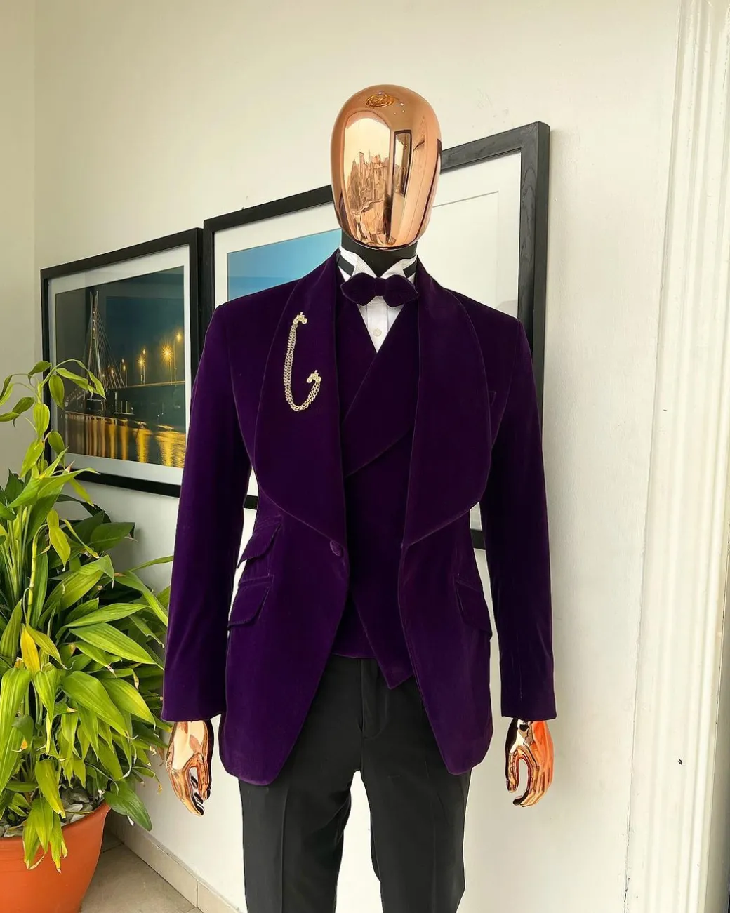 An Egg Plant Purple Velvet Shawl Lapel Tuxedo Suit