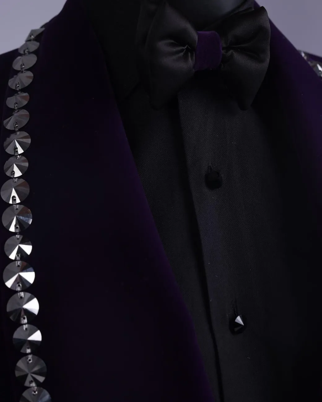 An egg plant purple velvet shawl lapel tuxedo suit, laced with jet hematite Swarovski stones