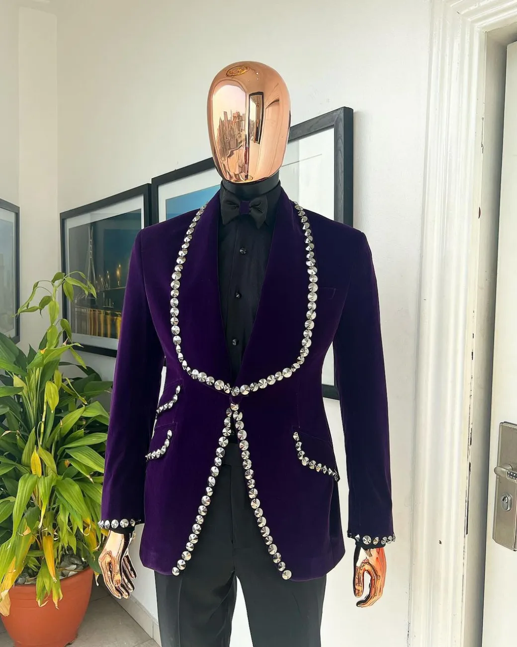 An egg plant purple velvet shawl lapel tuxedo suit, laced with jet hematite Swarovski stones