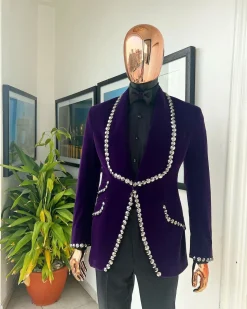 An egg plant purple velvet shawl lapel tuxedo suit, laced with jet hematite Swarovski stones